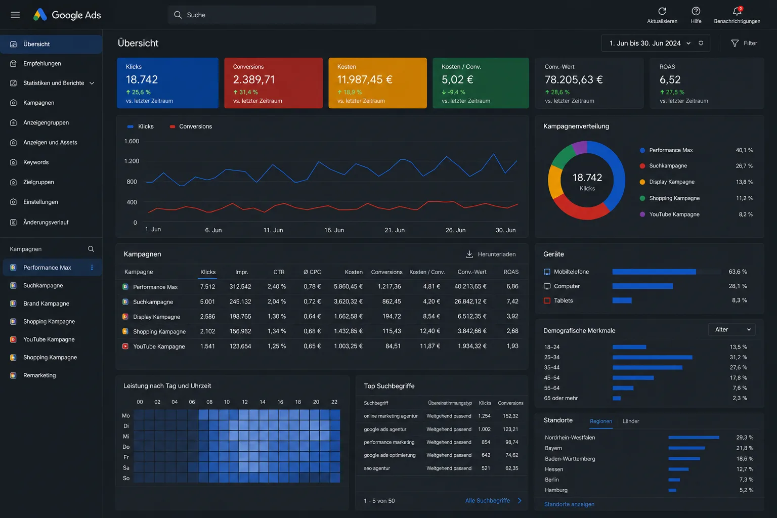Google-Ads-Wachstumsdashboard mit ROAS und Conversion-Werten – Shopping Kampagnen